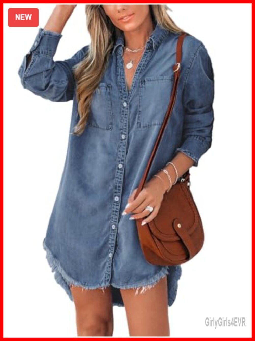 Women's Lyocell Denim Shirt Dress Long Sleeve Button Down with Pockets